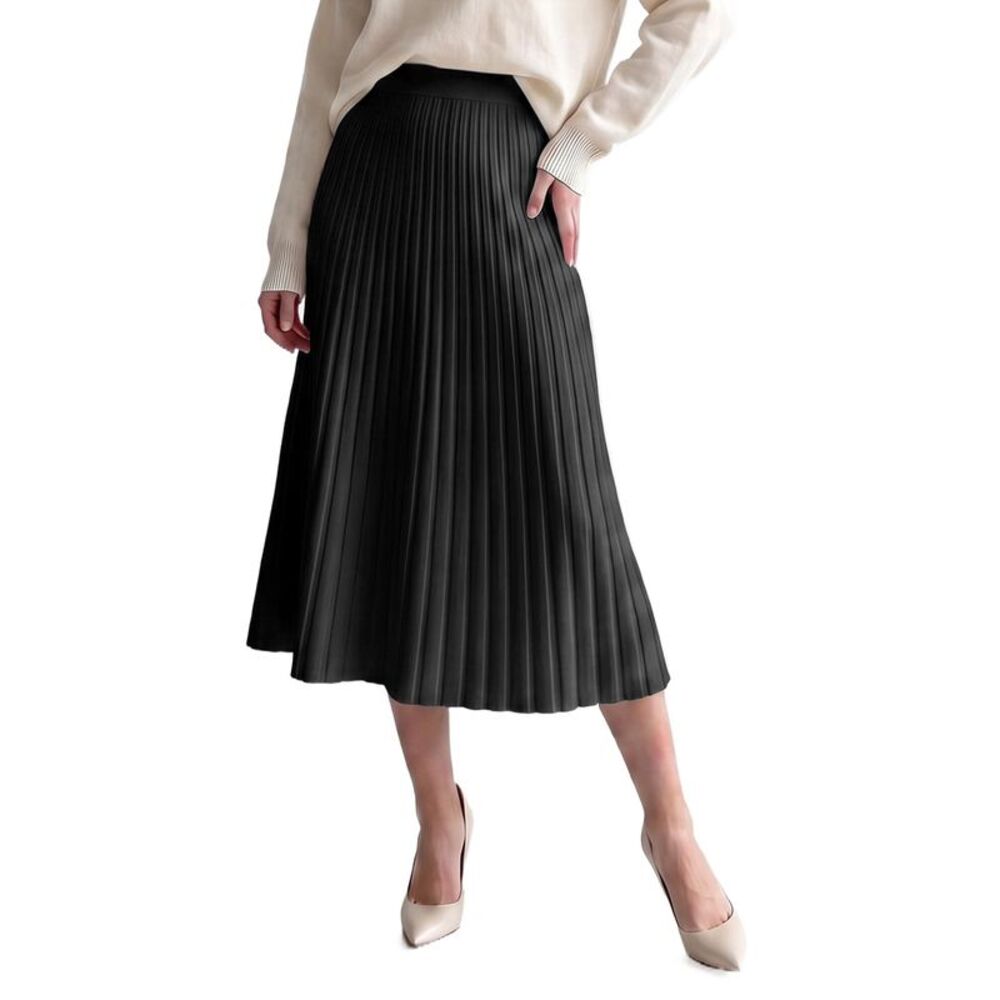 Women Pleated A-Line Maxi Skirt High Waist Elegant Sweater Skirt Black
